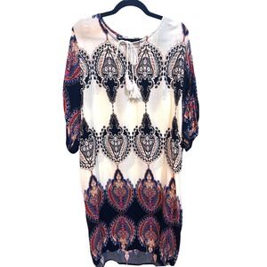 Halife Bohemian Paisley Print Tassel Tie Neck 3/4‎ Sleeve Shift Dress 2XL